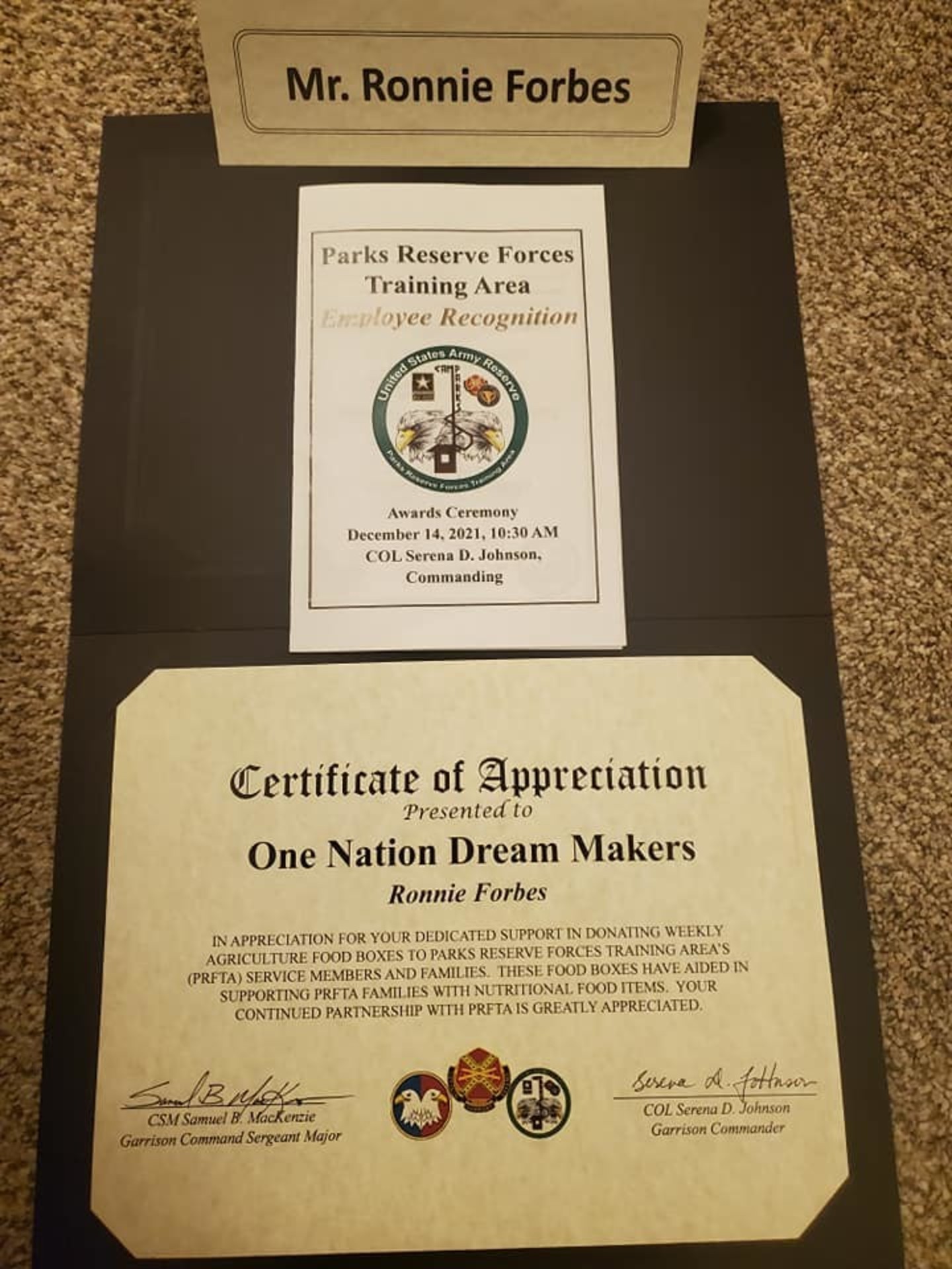 One Nation Dream Makers Certificate of Appreciation