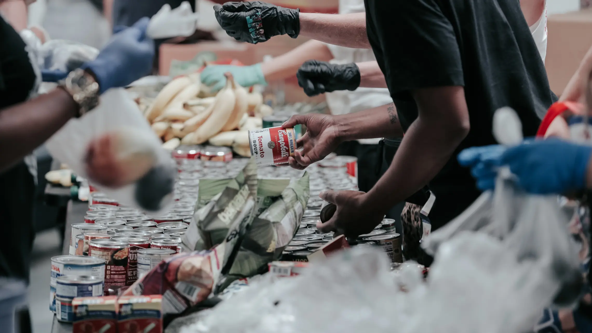 volunteers distribute food